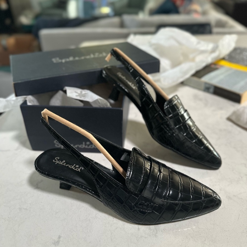SPLENDID Lila Black Classic Croc-Embossed Slingback Heel Pumps NEW